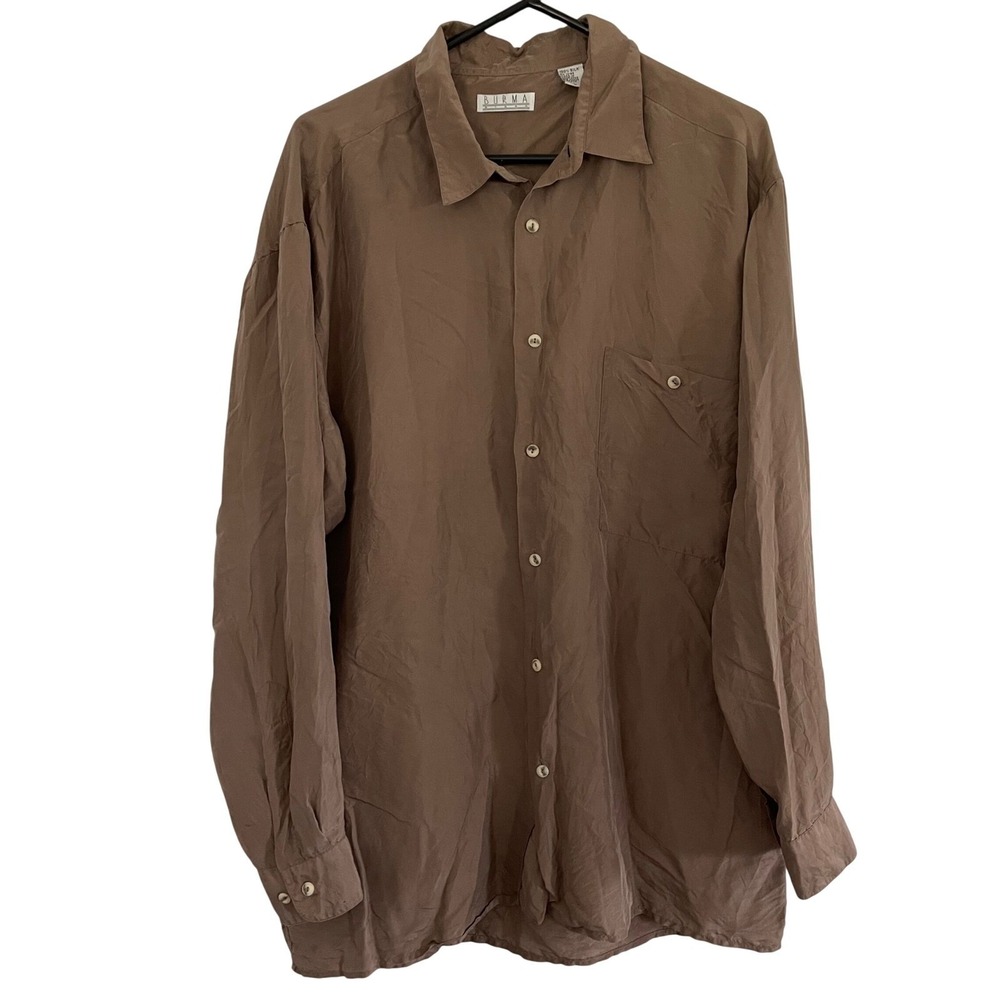 Vtg Burma Bibas Button Down Brown 100% Silk Long Sleeve Mens Large